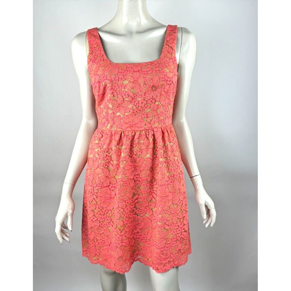 TRINA TURK Gaviota Tropical Garden Lace Dress Women 2 EUC Square Neck Coral